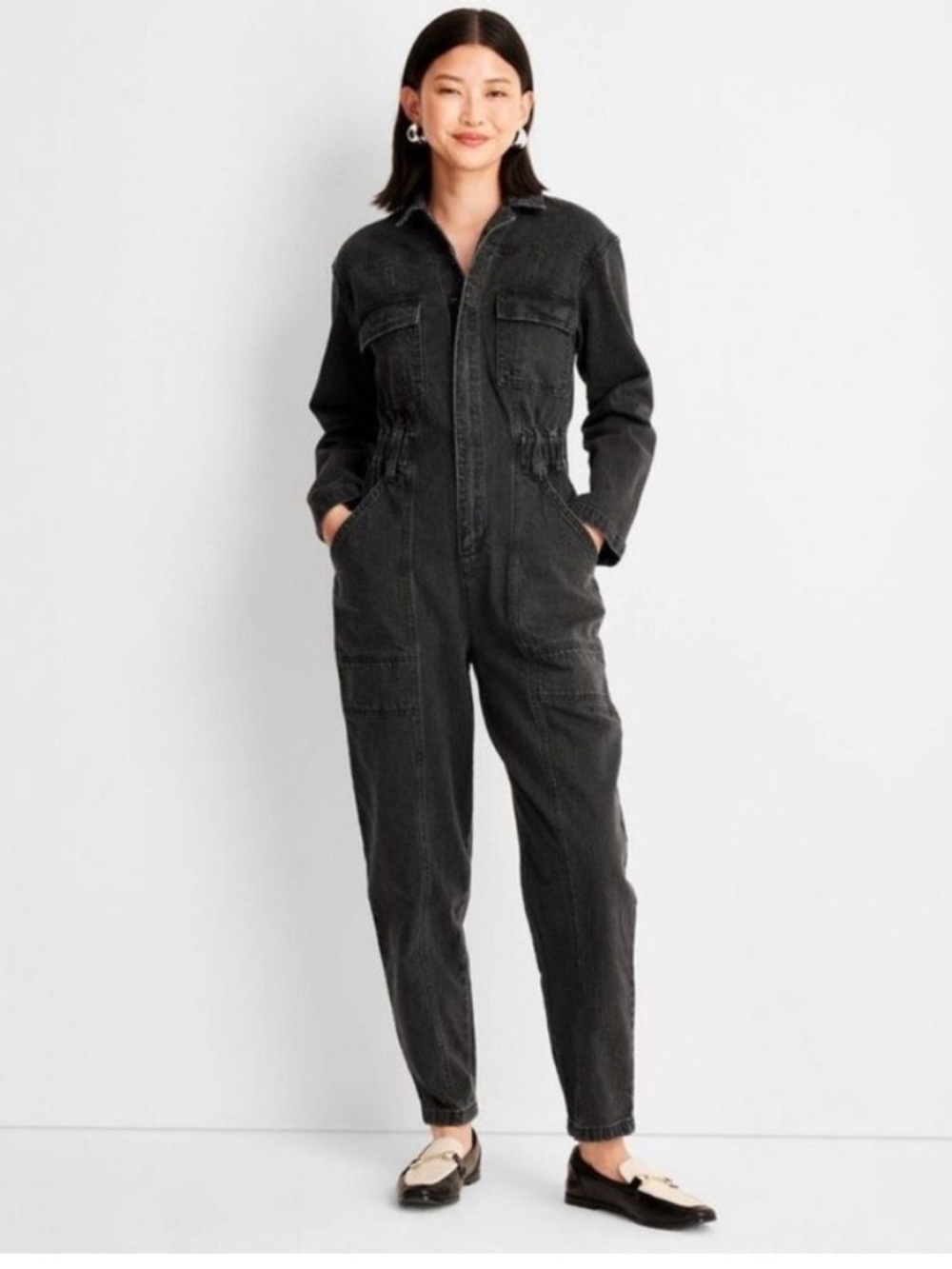 Universal Thread Washed Black Denim Long Sleeve Jumpsuit Sz 6